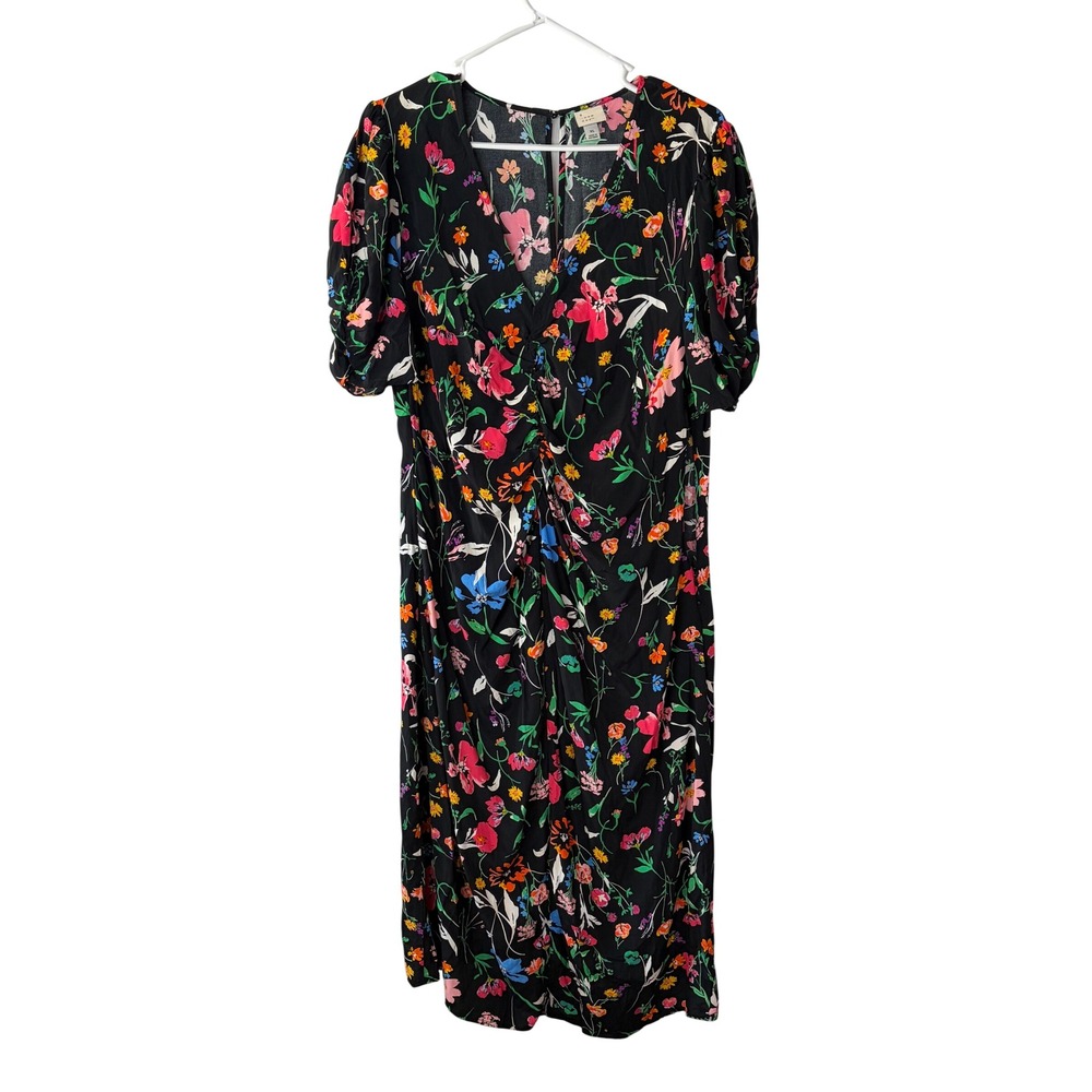 A New Day Womens Floral Ruched V-Neck Puff Sleeve Midi Dress Black XL - Picture 1 of 14